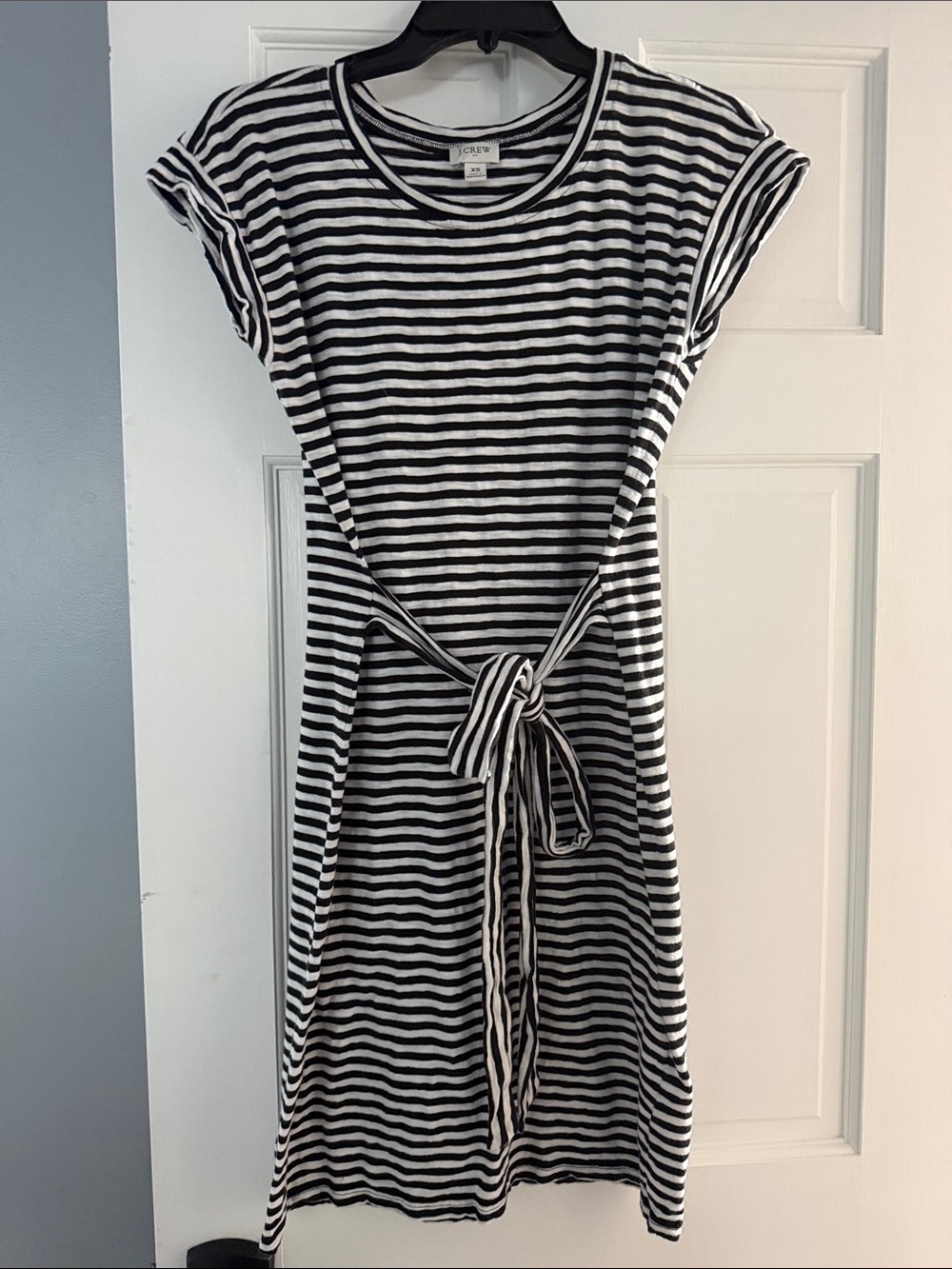 J. Crew Black & White Striped Tie-Front Midi Dress